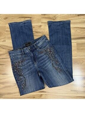 WHBM High Rise Slim Boot Beaded Rhinestone Floral Jeans Size 4 Y2K McBling